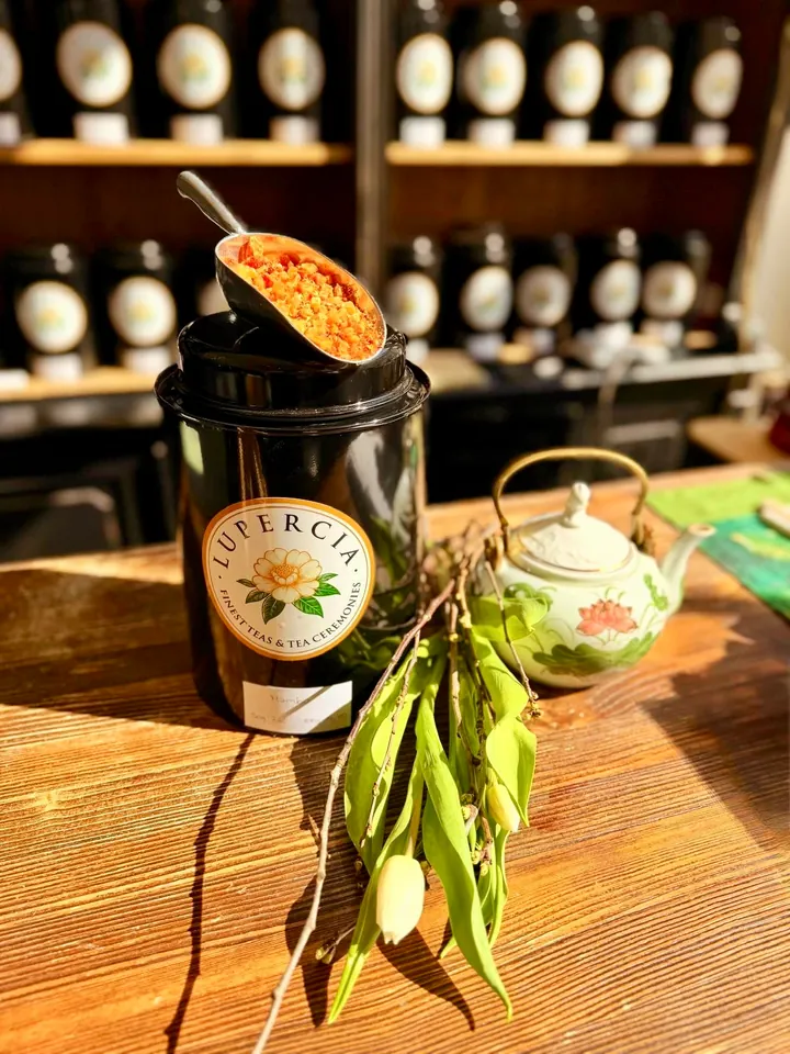 Lupercia-Teedose mit einer Schaufel Früchtetee, floraler Teekanne und Magnolienzweig