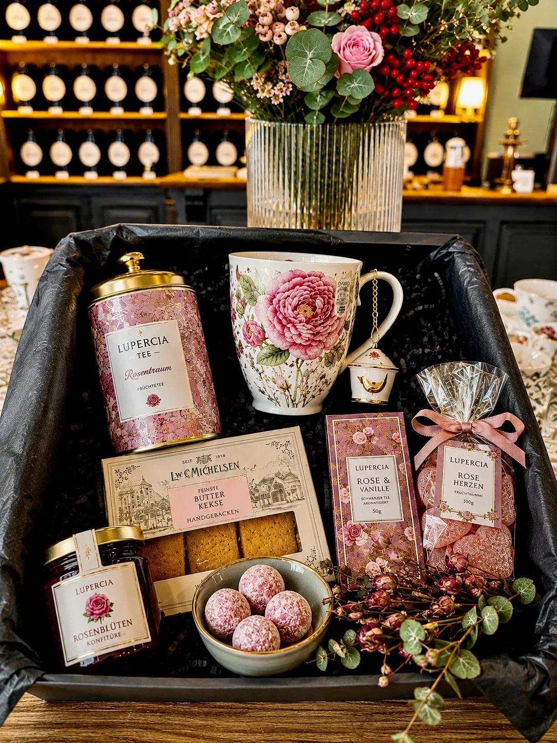 Eine Lupercia Geschenkbox mit Rosentee, floraler Porzellantasse, Butterkeksen und Rosenkonfitüre vor einem Blumenstrauß